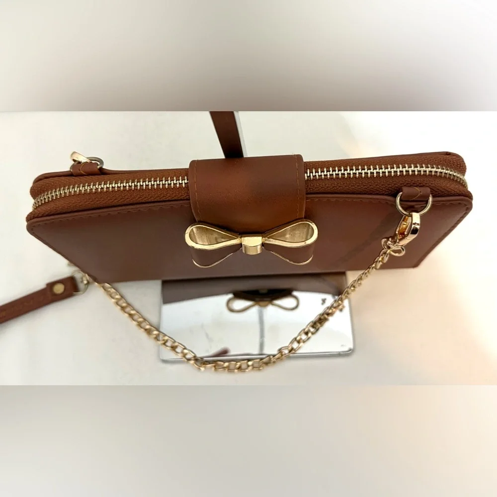 Brown Bow-Accent Wristlet Wallet Small Purse with Gold Chain